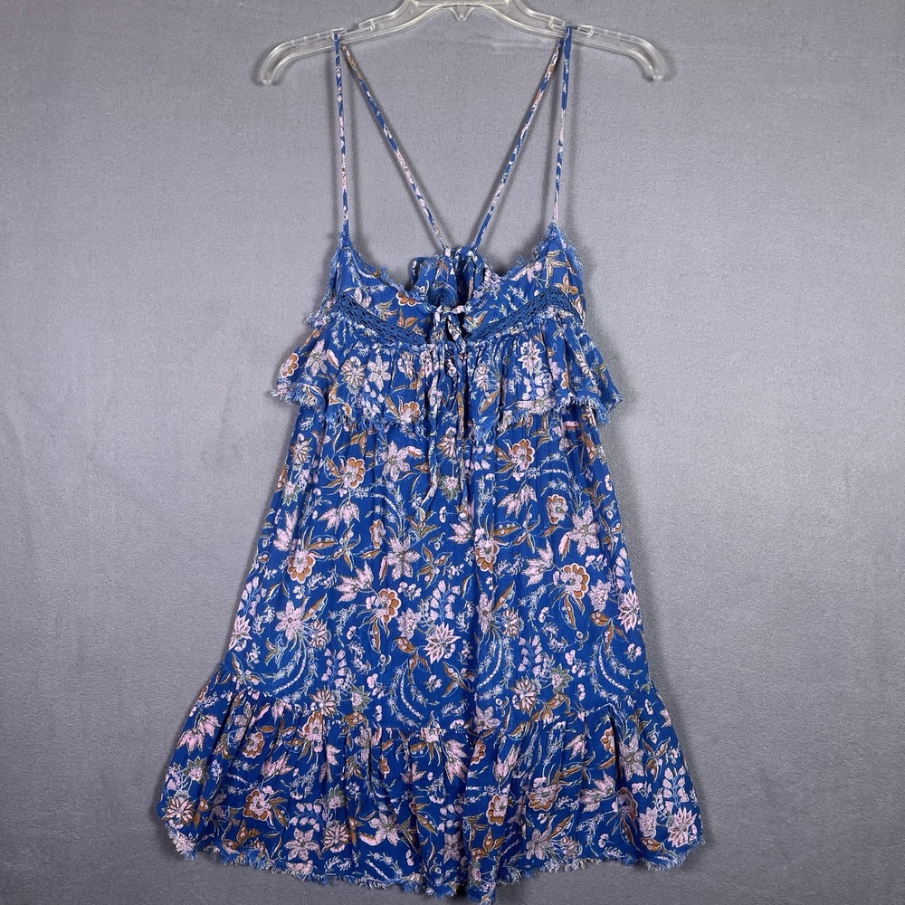 Free People Mini Dress Women L Blue Floral Sleeveless Tiered Boho Ruffle